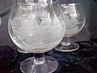 5 Brandy Snifter Glasses Etched Clipper Ship Cut Crystal Boat From Tuscany