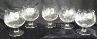 5 BRANDY SNIFTER GLASSES ETCHED CLIPPER SHIP Cut CRYSTAL BOAT from TUSCANY 2