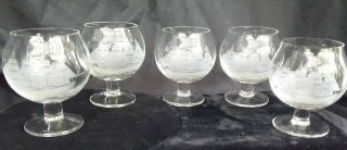 5 BRANDY SNIFTER GLASSES ETCHED CLIPPER SHIP Cut CRYSTAL BOAT from TUSCANY 3