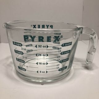 Pyrex 4 Cup Glass Measuring Cup,  Green Lettering,  1 Quart,  1 Litre,  6 " Diameter