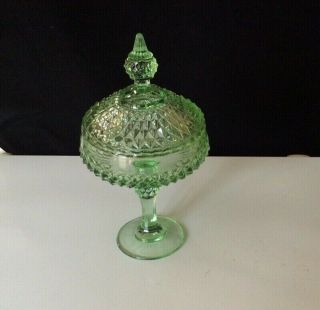 Vintage Diamond Glass Crystal Pedestal Candy Dish With Lid Green - Rare