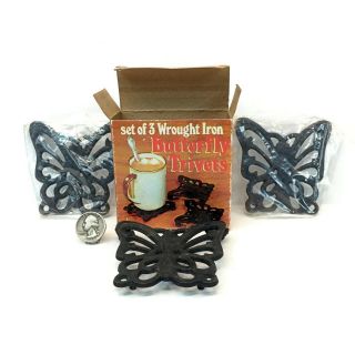 Vintage Set Of Three Wrought/cast Iron Butterfly Trivets W/box