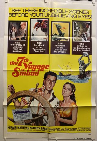 Vintage 1975 The 7th Voyage Of Sinbad One Sheet Folded Poster.  27”x41” Nss R75/50