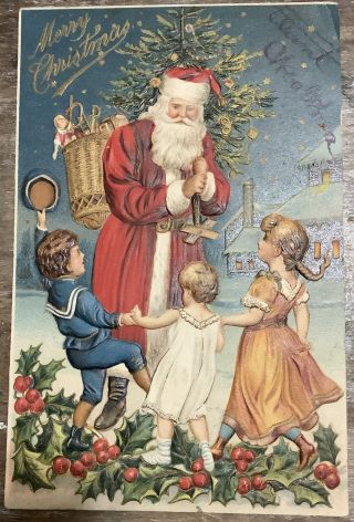 Vintage Christmas Postcard Children Dancing Around Santa Claus Embossed