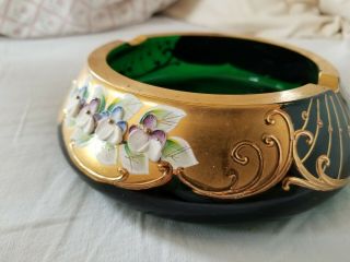 Moser? Antique Bohemian Crystal Glass w/ 24K Gold Enamel Painted Ashtray Green 2