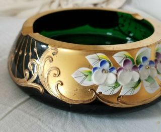 Moser? Antique Bohemian Crystal Glass w/ 24K Gold Enamel Painted Ashtray Green 3
