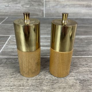 Vintage Wood Salt And Pepper Shakers Gold Top 4 " Tall Mid Century Modern