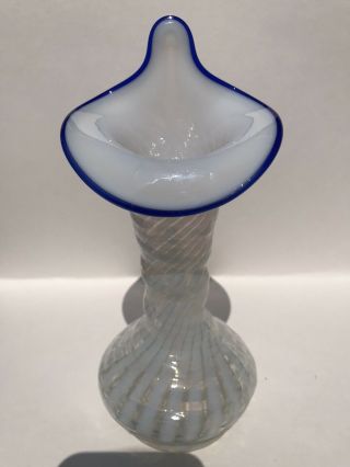 Fenton Spiral Optic Opalescent Blue Ridge Jip Vase.  Unmarked.