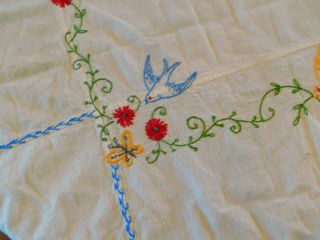 Vintage Embroidered Tablecloth Blue Birds Floral 82 X 54 " Cotton Muslin