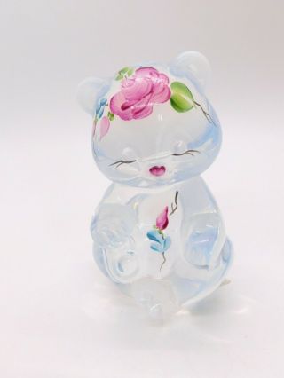 Fenton Vaseline Art Glass Pink Rose Flower Teddy Bear Figurine Signed S Davis 3