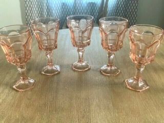 Set Of 5 Vintage Fostoria Glass Virginia Pink Water Goblet - 7 1/4 " Tall