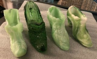 Vintage Mosser Glass Slipper Shoe Art Glass Kanawha Green White Slag Custard