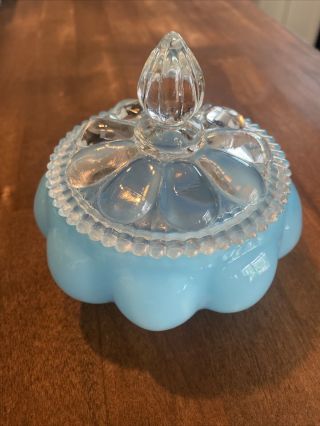 Vintage Fenton Small Glass Blue Overlay Melon Shaped Powder Jar