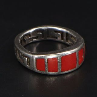 Vtg Sterling Silver - Die - Cut Greek Key Red Coral Inlay Ring Size 4 - 3.  5g