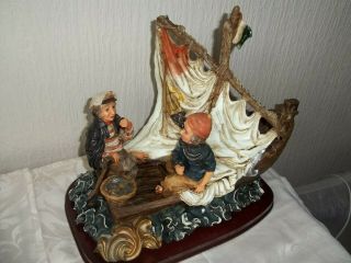 Vintage Large Resin Fishermen In A Sailing Boat By Michel Angelo Ornament