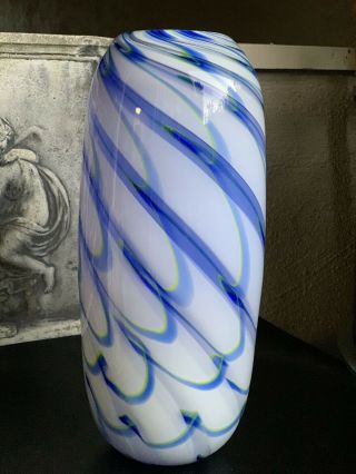 Vintage Hand Blown Blue Green And Yellow Swirled Vase By Eastern