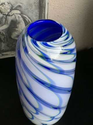VINTAGE HAND BLOWN BLUE GREEN AND YELLOW SWIRLED VASE BY EASTERN 2