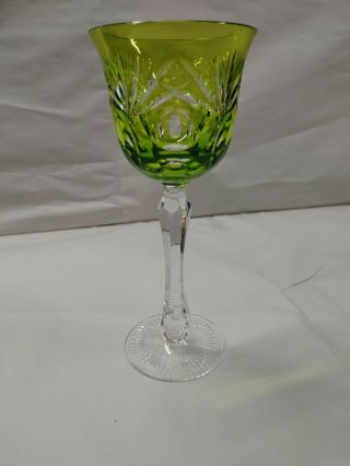 8.  25 " Green Cut To Clear Bohemian Glass Stemware Etched Star