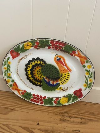 Vintage Enamelware Turkey Platter Serving Tray Thanksgiving Enamel 18 "