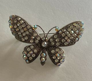 Vintage Ab And Clear Crystal Butterfly Brooch Pin Silver Tone