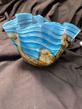 Large Murano Style Art Glass Bowl Vase Turqouise Blue And Brown