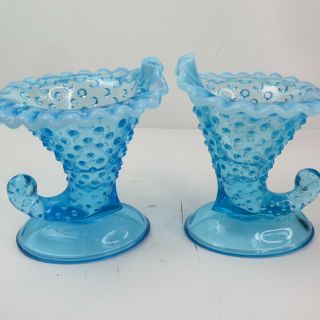 Fenton Blue,  Hobnail Glass Horn Of Plenty Vase/candle Holder 5.  75 " Tall