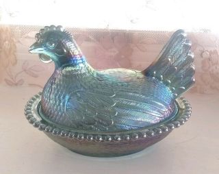 Vtg Indiana Glass Hen On Nest Chicken Blue Carnival Glass Covered Candy Dish