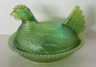 Vintage Indiana Art Carnival Green Glass Chicken Hen On Nest Covered Candy Dish