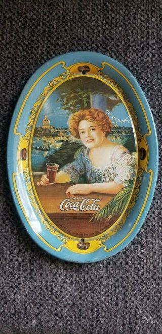 Coca Cola 1973 Vintage Oval Tin Tip Tray Blue Yellow Lady.