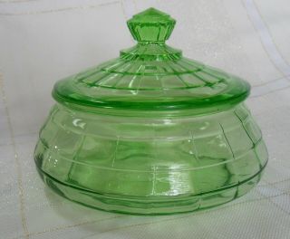 Green Depression Glass Covered Candy Jar Trinket Dish W/lid Block Optic Hocking