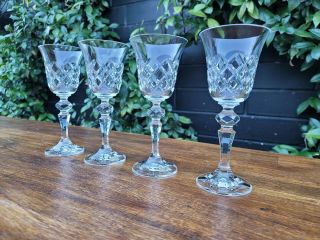 Vintage Crystal Diamond Cut Design Sherry Liqueur Glasses Set Of 4