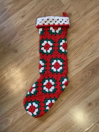 Vtg Red Green Hand Crocheted Granny Square Christmas Stocking Cuffed Top 20”