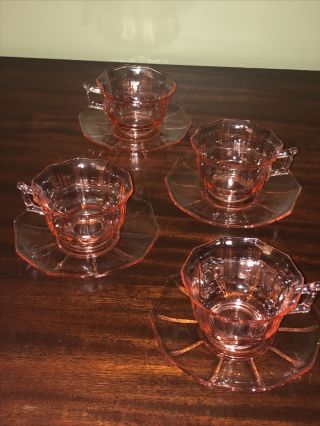 Cambridge Pink Depression Glass Dectagon Cups & Saucers Set Of 4 Rare