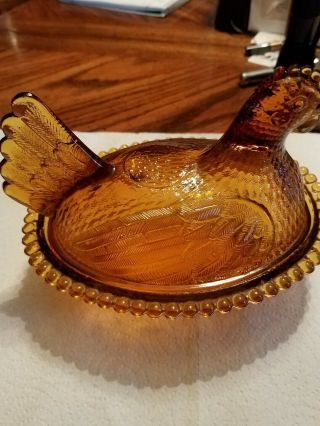 Vintage Indiana Glass Amber Gold Hen Chicken On Nest Candy Bowl/dish W/lid