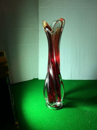 Vintage Murano Sommerso Red Vase Tall Thin Ruby Posy Vase Floral Solid Retro