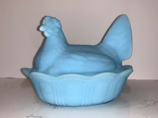 Vintage Fenton Blue Satin Glass Hen On Nest/basket Coverd Dish