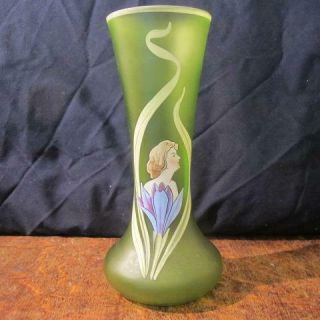 Art Nouveau Period Enamel Decorated Green Glass Vase