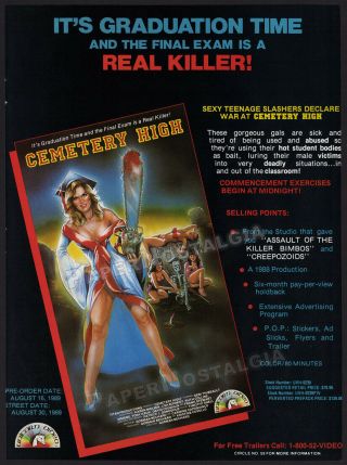 Cemetery High_original 1989 Trade Print Ad / Advert_horror_chainsaw_graduation