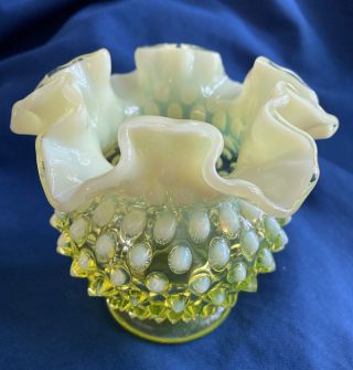 Vintage Fenton Vaseline Opalescent Yellow Topaz Uranium Ruffled Hobnail Vase