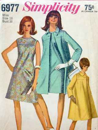 Vtg 1960s Simplicity 6977 Modified A - Line Dress Coat Sewing Pattern Size 18 Cut