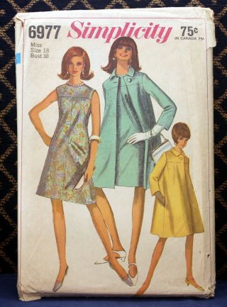 Vtg 1960s Simplicity 6977 Modified A - line dress coat SEWING PATTERN Size 18 Cut 2