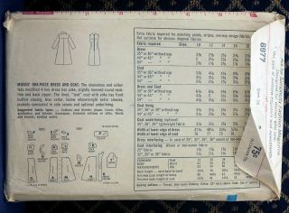 Vtg 1960s Simplicity 6977 Modified A - line dress coat SEWING PATTERN Size 18 Cut 3