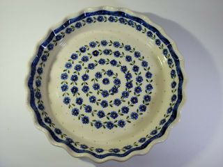 Vintage Hand Painted Pie Plate From Poland 10 " Diameter Blue White Floral