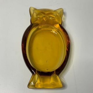 Vtg Mcm Viking Art Glass Amber Hoot Owl Ashtray 8.  75 X 4.  75” Trinket Dish
