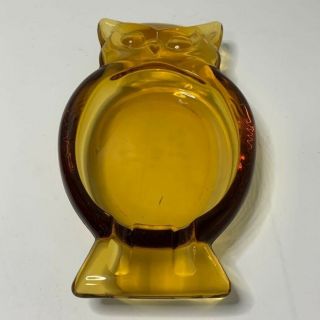 Vtg MCM Viking Art Glass Amber Hoot Owl Ashtray 8.  75 X 4.  75” Trinket Dish 3
