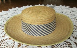 Vintage Cute Children ' s Woven Straw Hat w/Blue White Striped Ribbon Beach Hat 2