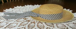 Vintage Cute Children ' s Woven Straw Hat w/Blue White Striped Ribbon Beach Hat 3