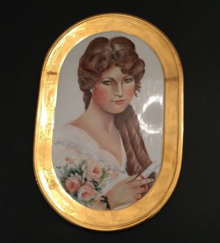 Vintage Hand Painted Portrait Young Woman On Porcelain Gold Border Signed 1984