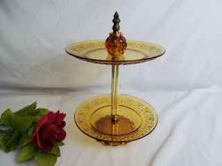 Vintage Amber Glass 2 Tier Raised Cake Stand With Brass.  B - 249