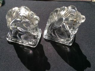 Vintage Federal Clear Glass Horse Head Bookends Pair Eeuc